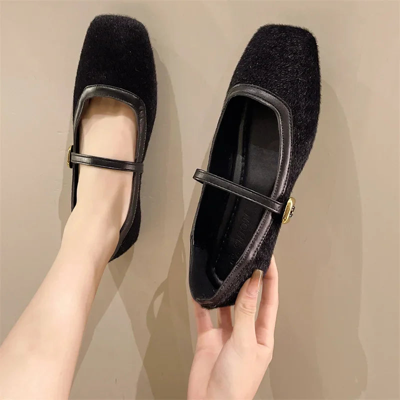 Autumn Square Head Flats Woman Velvet Matte Finish Single Comfort Loafers Shoes Leather Mary Jane Shoes
