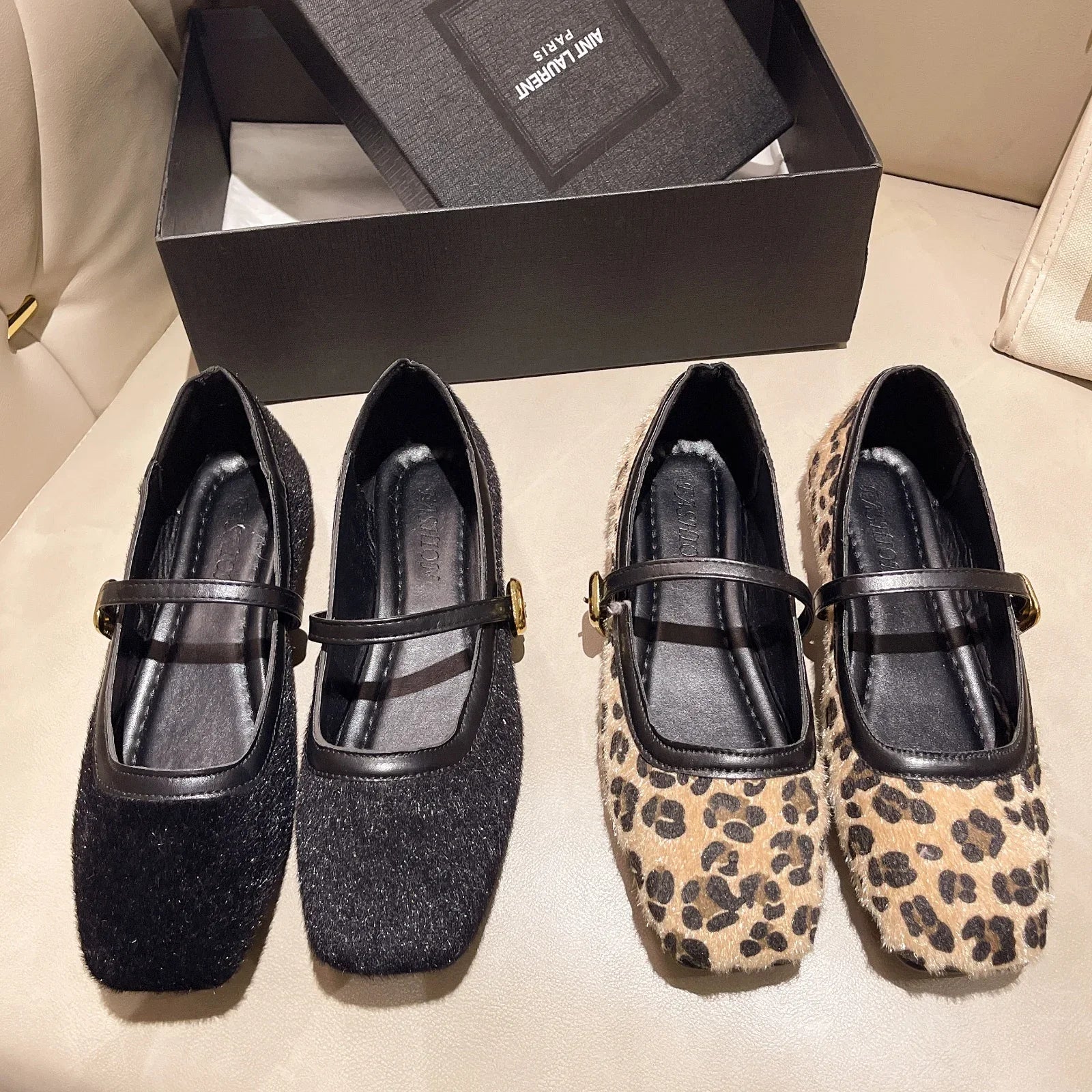 Autumn Square Head Flats Woman Velvet Matte Finish Single Comfort Loafers Shoes Leather Mary Jane Shoes