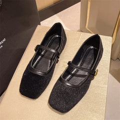 Autumn Square Head Flats Woman Velvet Matte Finish Single Comfort Loafers Shoes Leather Mary Jane Shoes