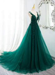 Vestido de fiesta largo de encaje con escote en V y cuentas verde oscuro 