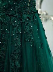 Vestido de fiesta largo de encaje con escote en V y cuentas verde oscuro 