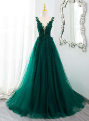 Vestido de fiesta largo de encaje con escote en V y cuentas verde oscuro 