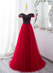 A-line Tulle Red and Black Lace Formal Dress