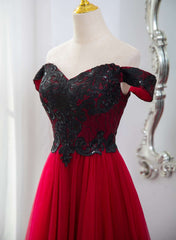 A-line Tulle Red and Black Lace Formal Dress