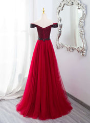 A-line Tulle Red and Black Lace Formal Dress