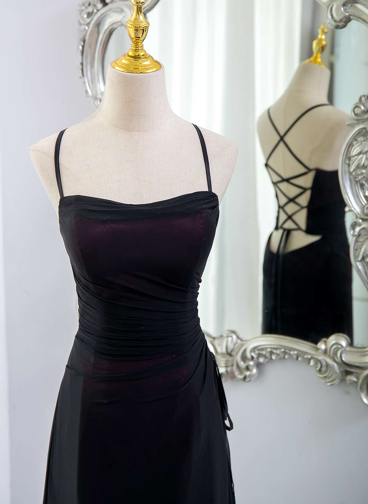 Vestido de fiesta con tirantes de spandex rojo vino y negro 