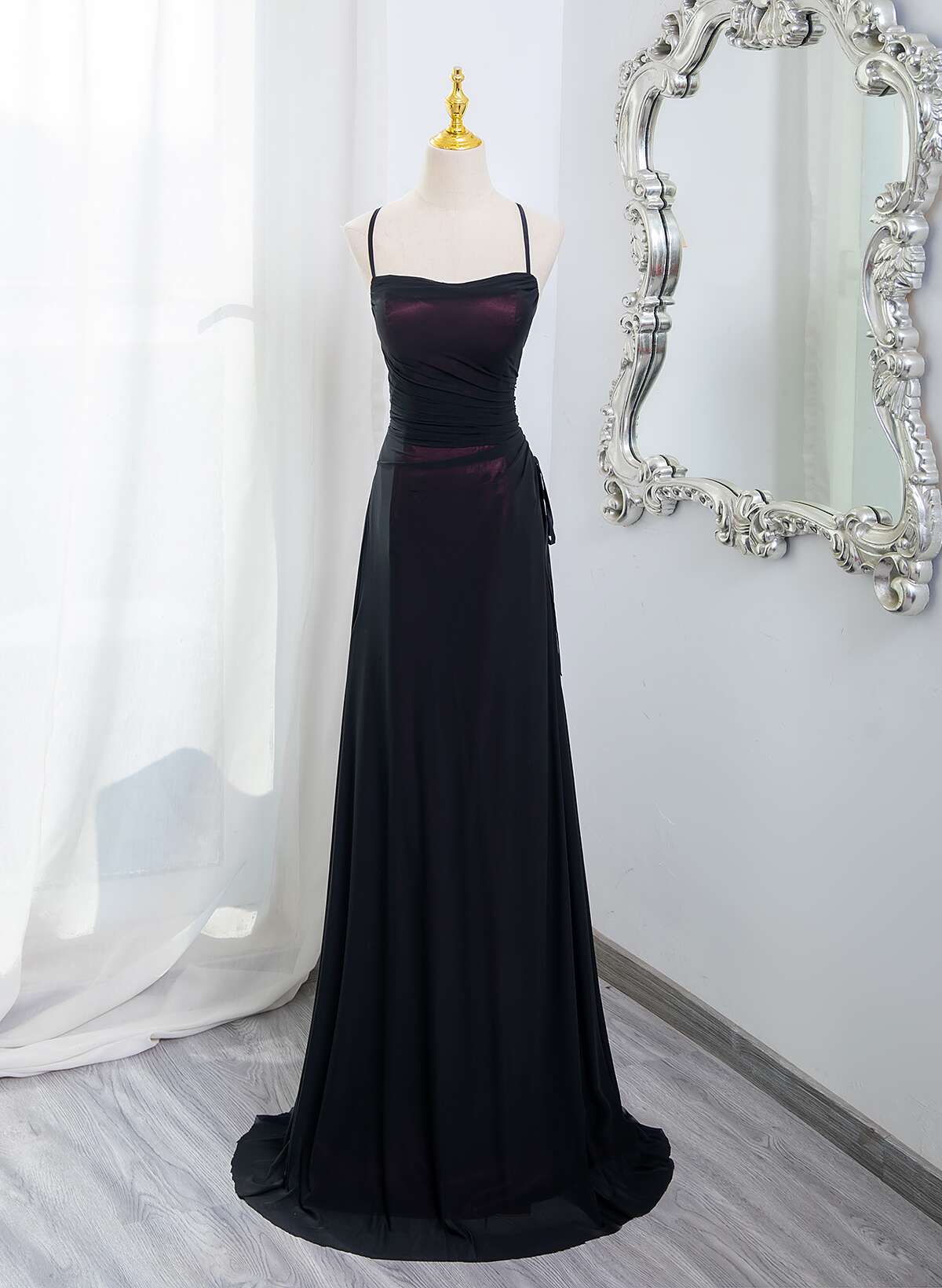 Vestido de fiesta con tirantes de spandex rojo vino y negro 