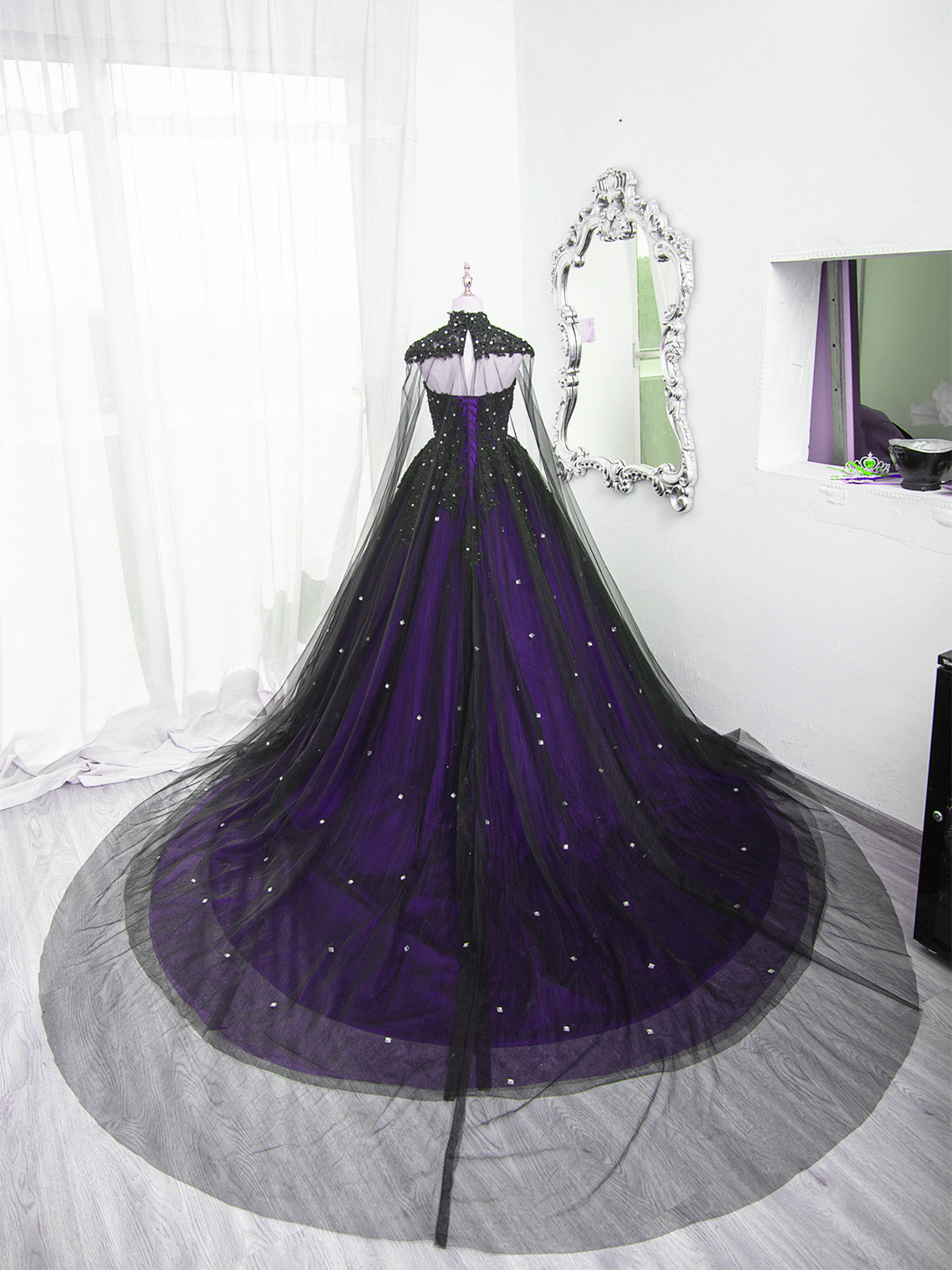 Black and Purple Beaded Tulle Ball Gown Sweet 16 Dress
