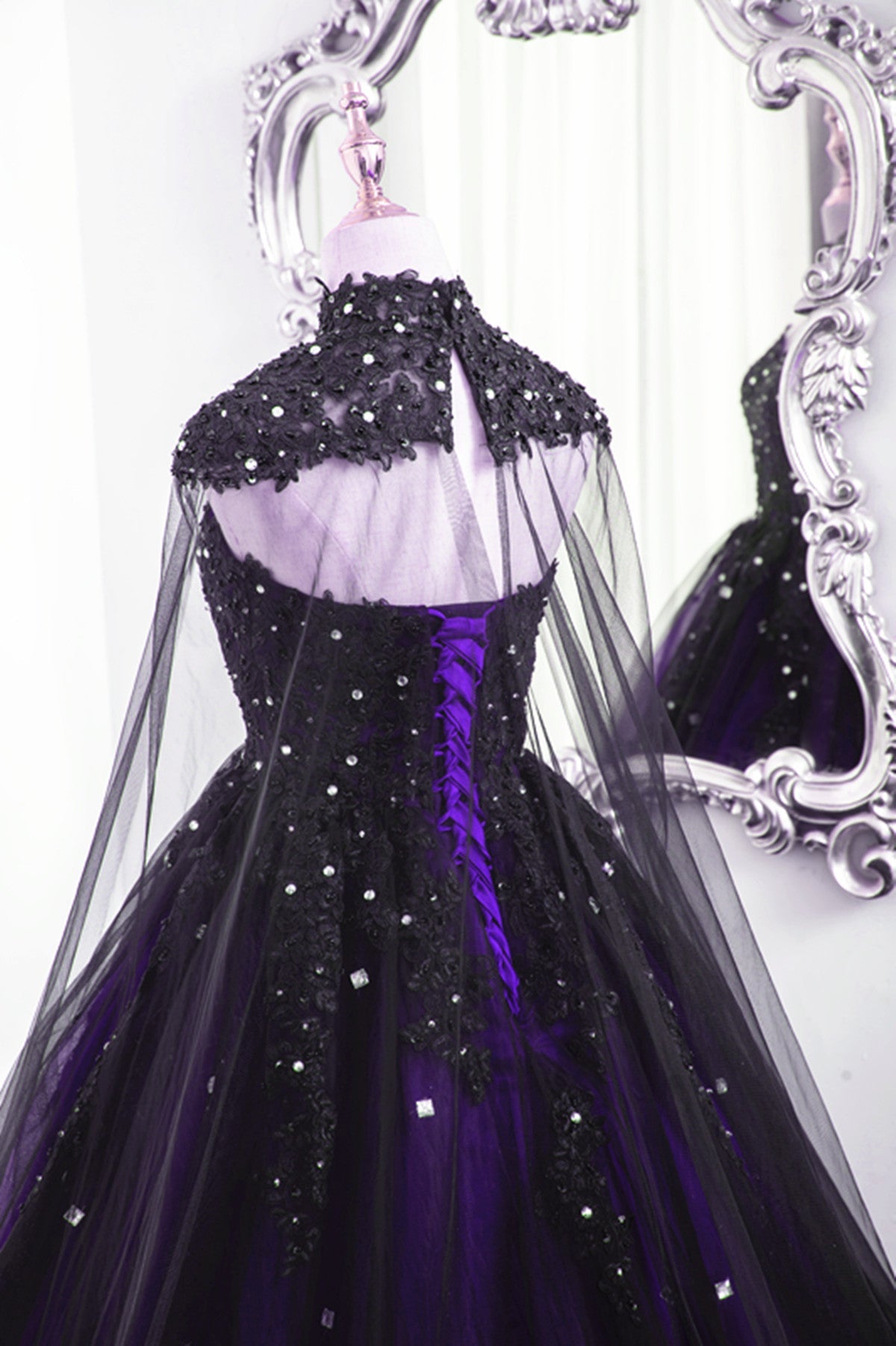 Black and Purple Beaded Tulle Ball Gown Sweet 16 Dress