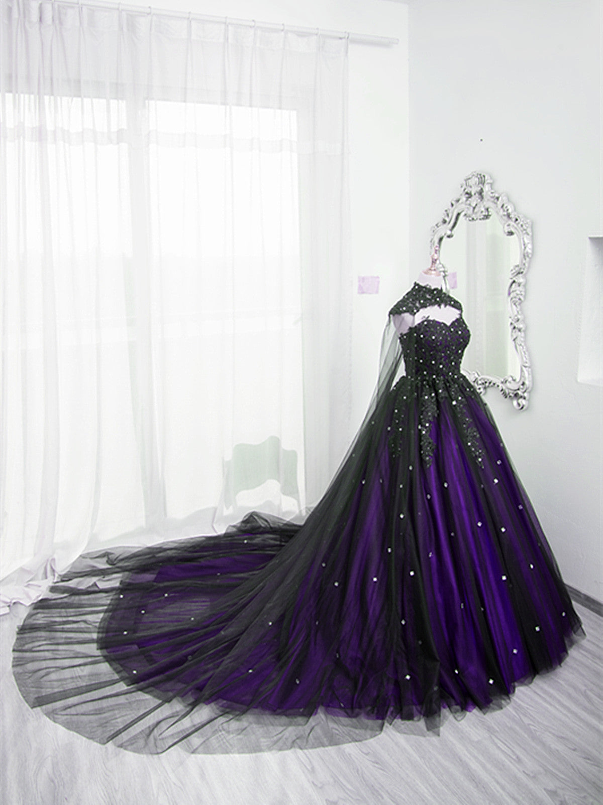 Black and Purple Beaded Tulle Ball Gown Sweet 16 Dress