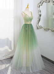 Vestido de fiesta verde degradado con escote en V y corte A 
