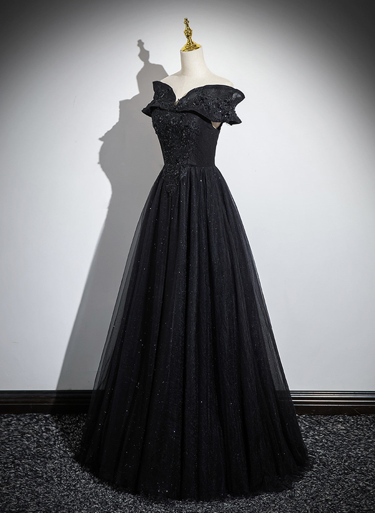 Black Off Shoulder A-line Tulle with Lace Party Dress