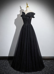 Black Off Shoulder A-line Tulle with Lace Party Dress
