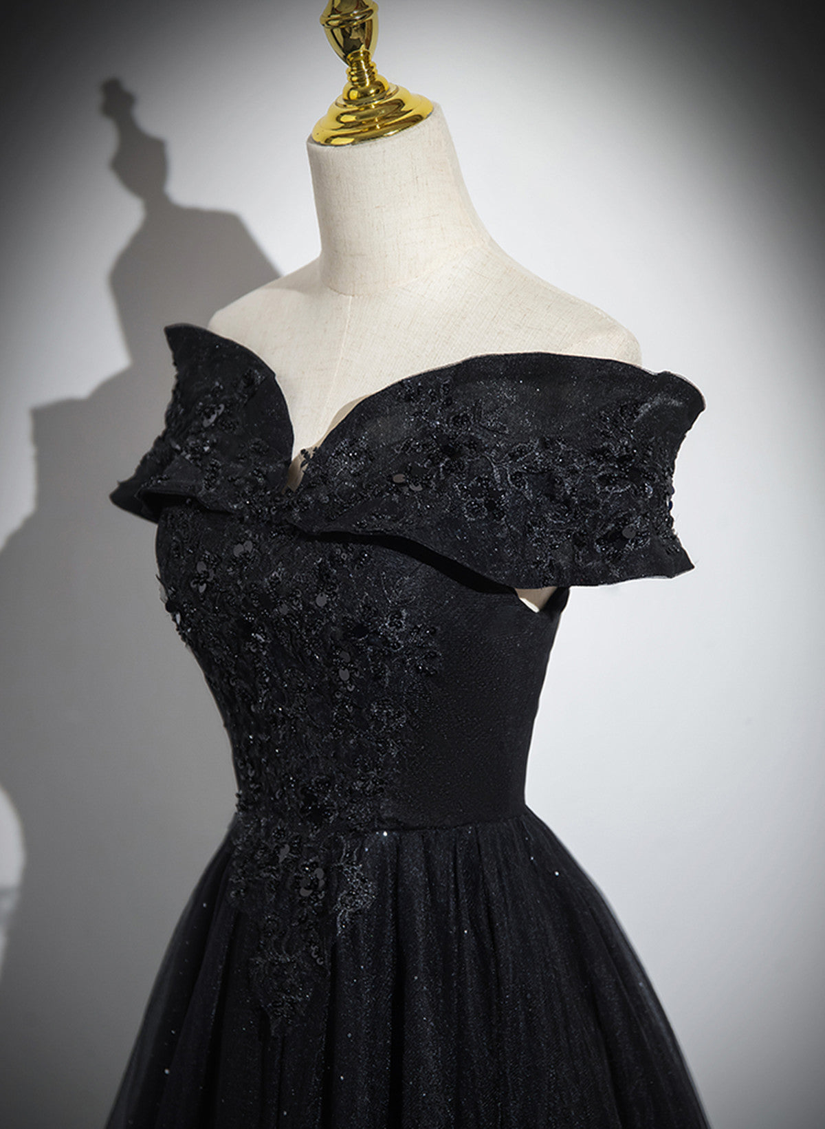 Black Off Shoulder A-line Tulle with Lace Party Dress