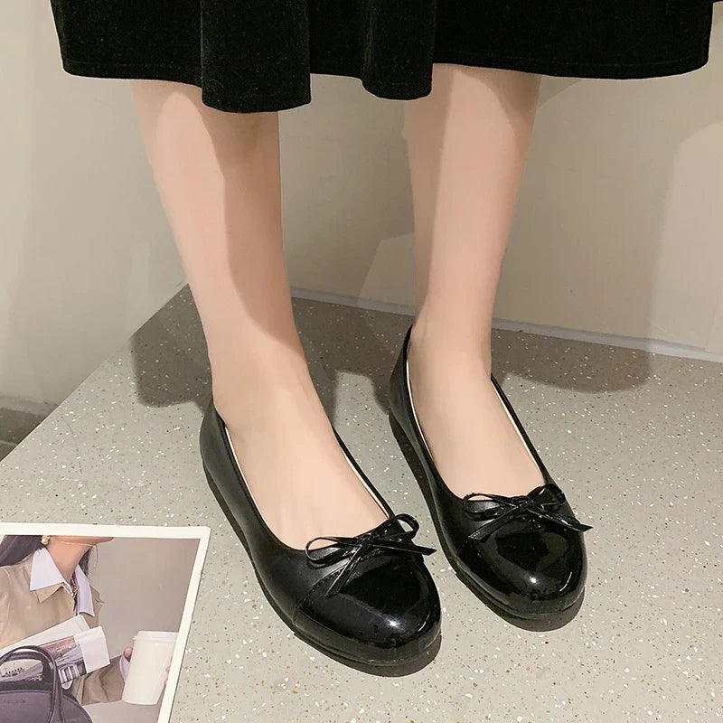 Ballerina Flat Shoes Comfort Non-slip Loafers Leather Flats Elegant Bowknot Single Shoes Mother's Shoes
