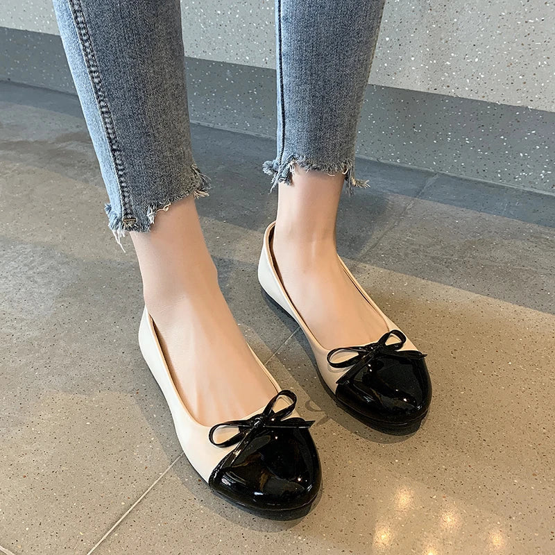 Ballerina Flat Shoes Comfort Non-slip Loafers Leather Flats Elegant Bowknot Single Shoes Mother's Shoes