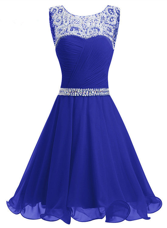 Hermoso vestido de fiesta corto de gasa con escote redondo y cuentas 