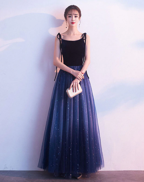 Beautiful Blue Gradient Tulle and Velvet Long Straps Prom Dress