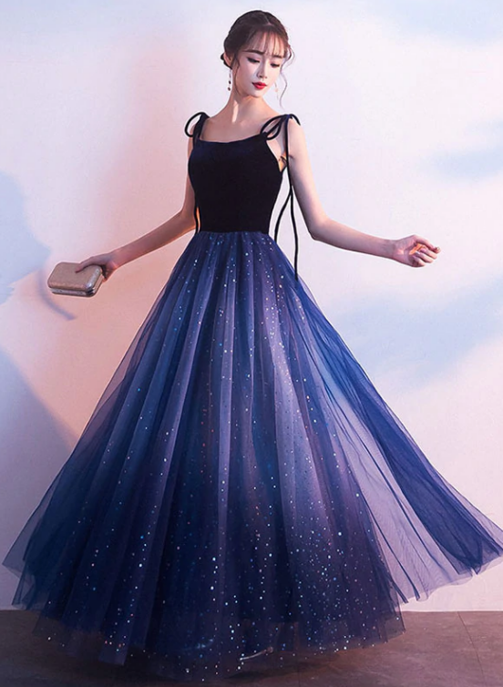 Beautiful Blue Gradient Tulle and Velvet Long Straps Prom Dress