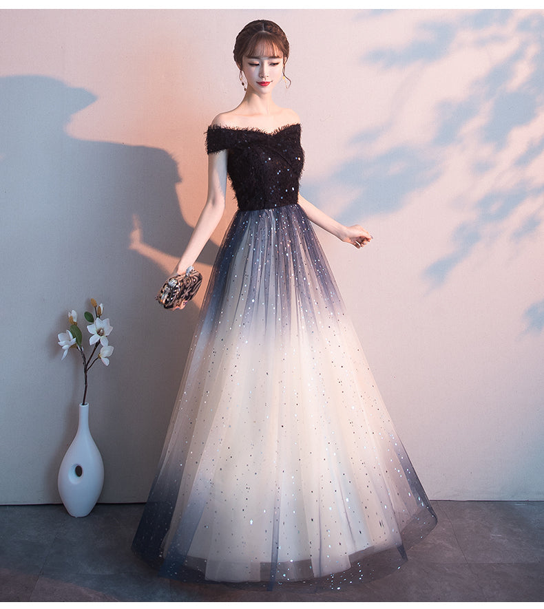 Beautiful Gradient Tulle Sequins Off Shoulder Wedding Party Dresses