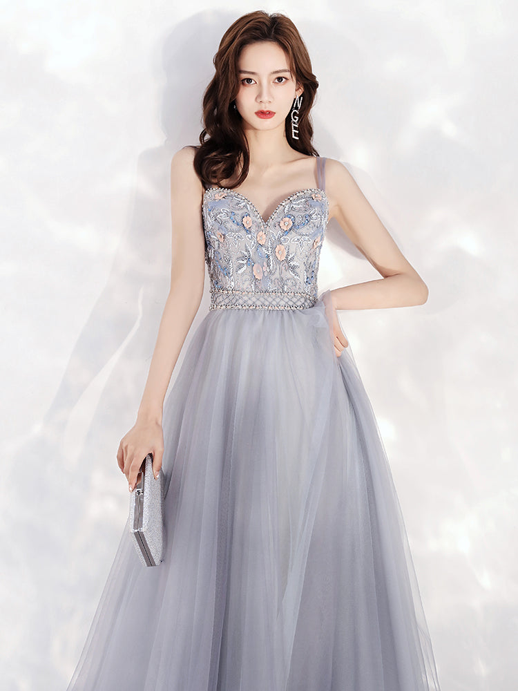 Beautiful Sweetheart Blue-grey Tulle Beaded Long Party Dress