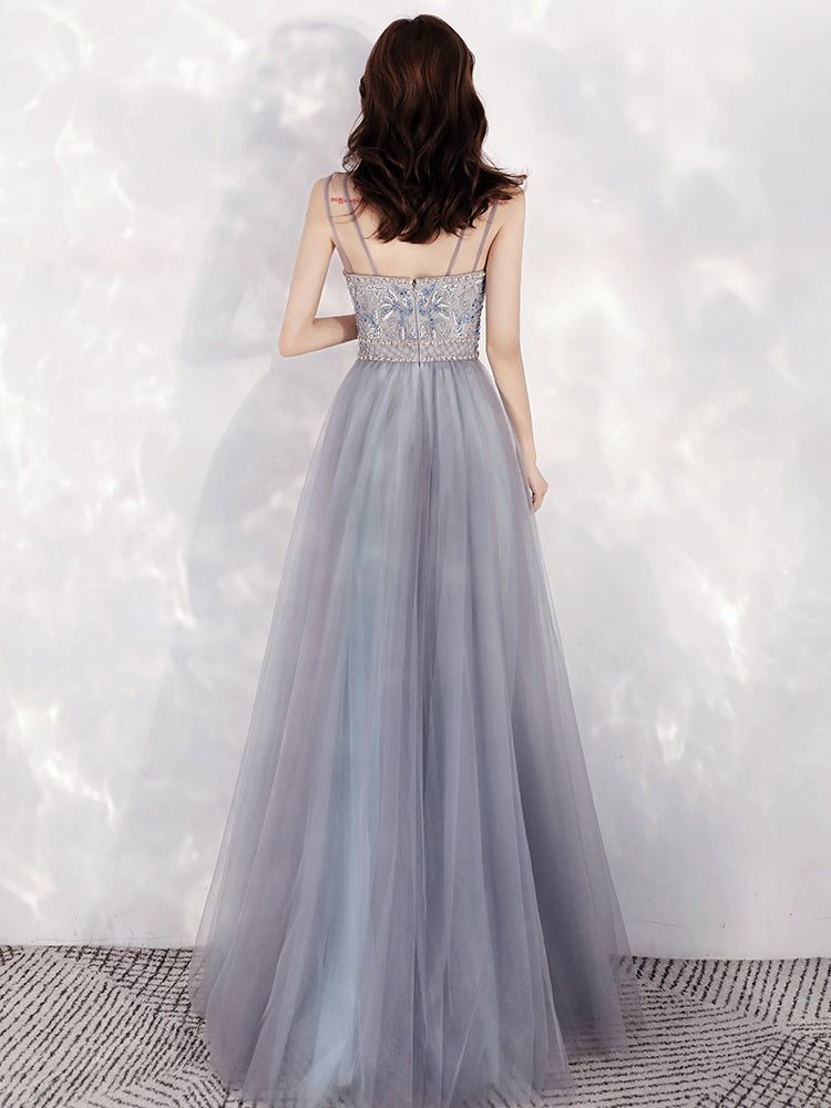 Beautiful Sweetheart Blue-grey Tulle Beaded Long Party Dress