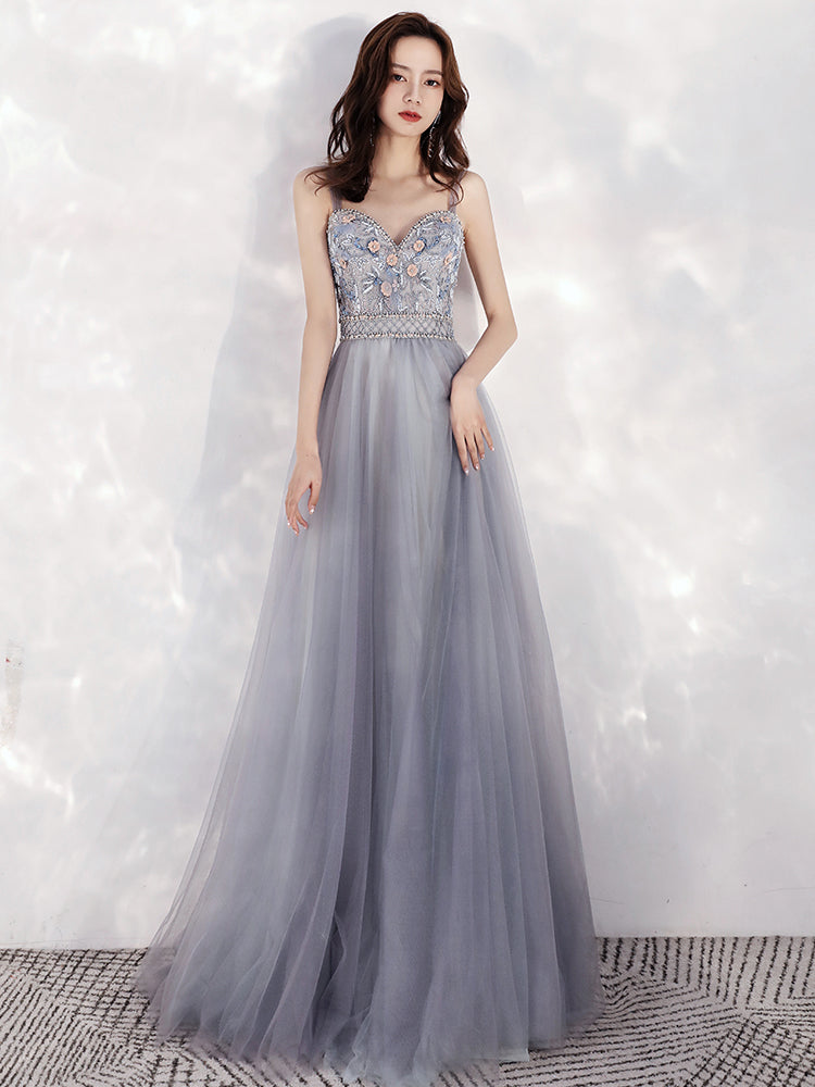 Beautiful Sweetheart Blue-grey Tulle Beaded Long Party Dress