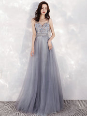 Beautiful Sweetheart Blue-grey Tulle Beaded Long Party Dress