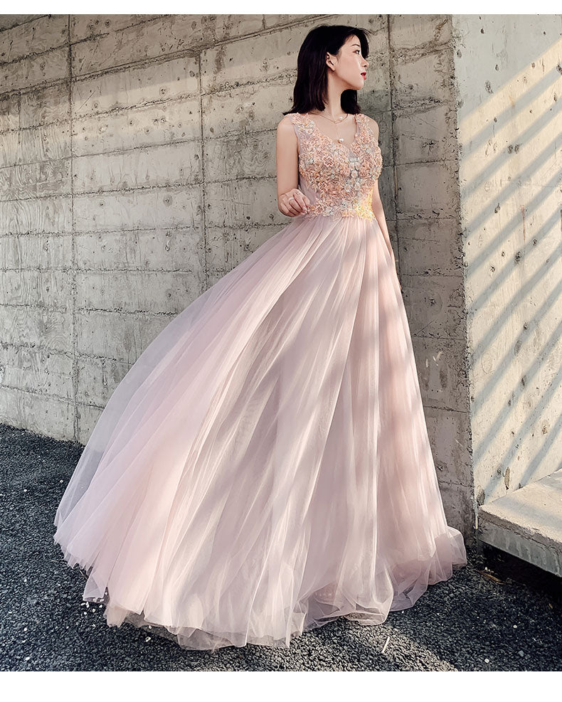 Hermosos vestidos de fiesta largos de tul rosa con encaje y escote en V 