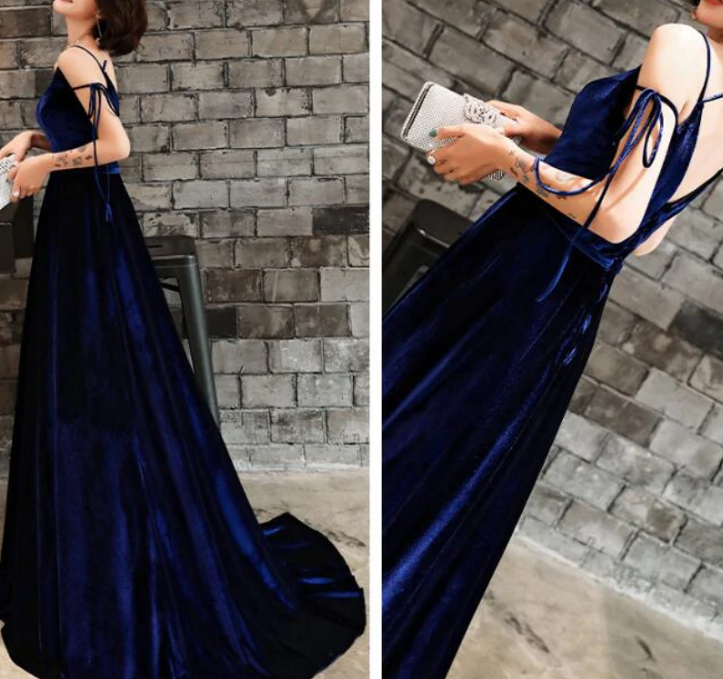 Beautiful Velvet Straps Long V-neckline Long Party Dress