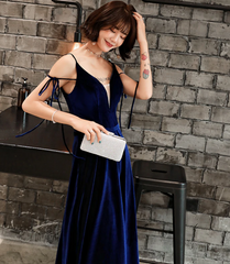 Beautiful Velvet Straps Long V-neckline Long Party Dress