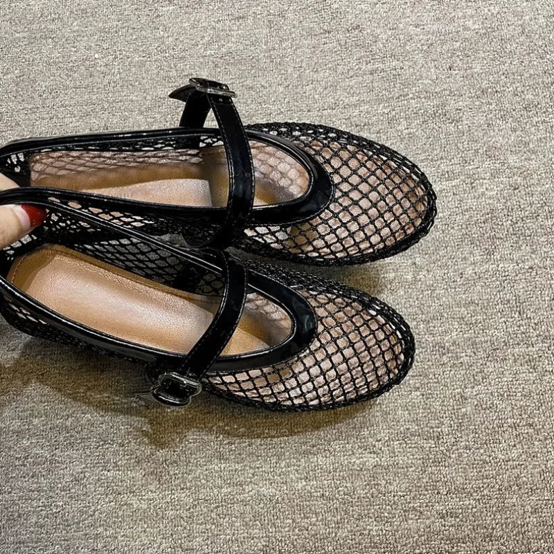Black Sandals Flats Mesh Shallow Shoes Beach Dress Designer Shoes Walking Female