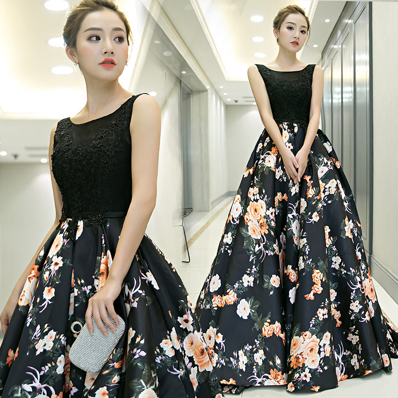 Black Floral Satin Long and Lace A-line Prom Dress Party Dress