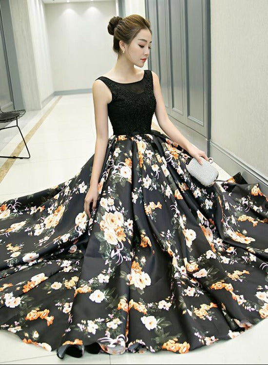 Black Floral Satin Long and Lace A-line Prom Dress Party Dress