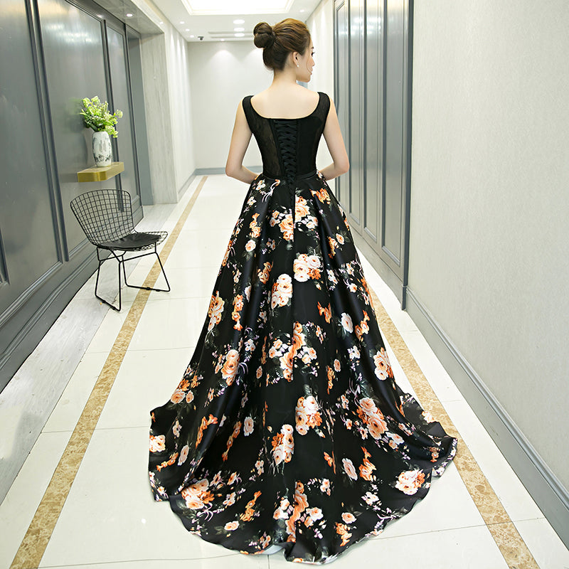 Black Floral Satin Long and Lace A-line Prom Dress Party Dress