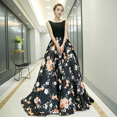 Black Floral Satin Long and Lace A-line Prom Dress Party Dress