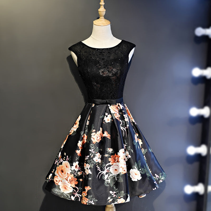 Black Floral Satin and Lace Round Neckline Short Party Dress Prom Dress
