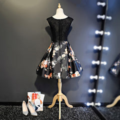 Black Floral Satin and Lace Round Neckline Short Party Dress Prom Dress