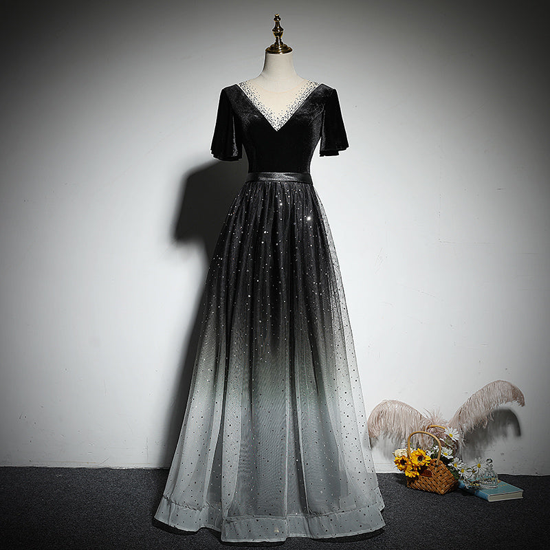 Black Gradient tulle and Velvet Short Sleeves V-neckline Tulle Party Dress