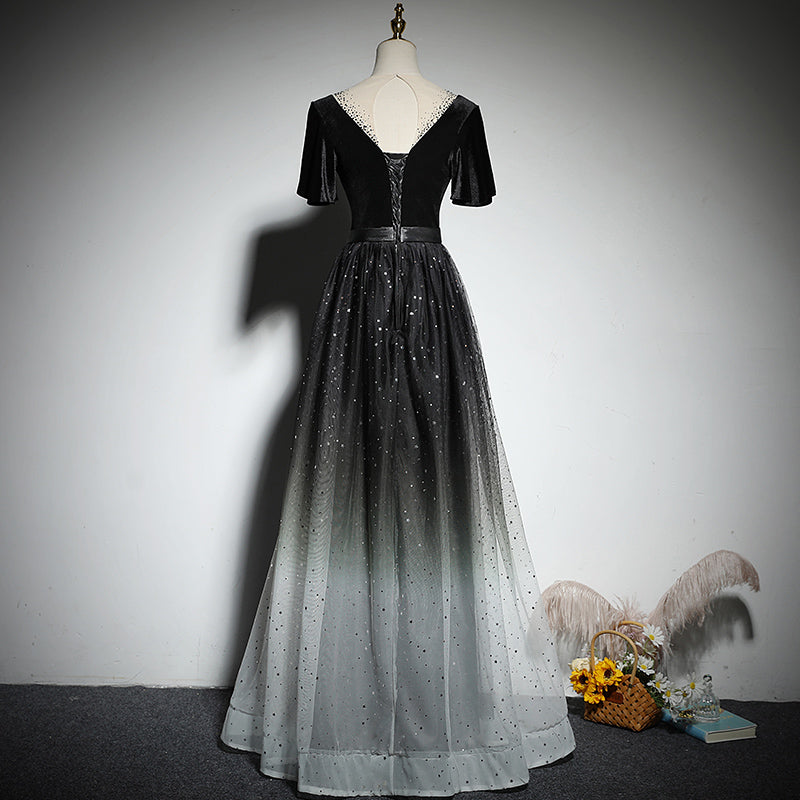 Black Gradient tulle and Velvet Short Sleeves V-neckline Tulle Party Dress