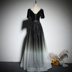 Black Gradient tulle and Velvet Short Sleeves V-neckline Tulle Party Dress