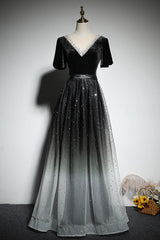 Black Gradient tulle and Velvet Short Sleeves V-neckline Tulle Party Dress