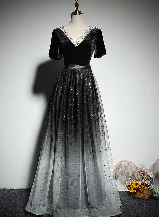 Black Gradient tulle and Velvet Short Sleeves V-neckline Tulle Party Dress
