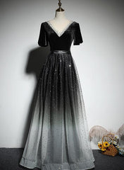 Black Gradient tulle and Velvet Short Sleeves V-neckline Tulle Party Dress