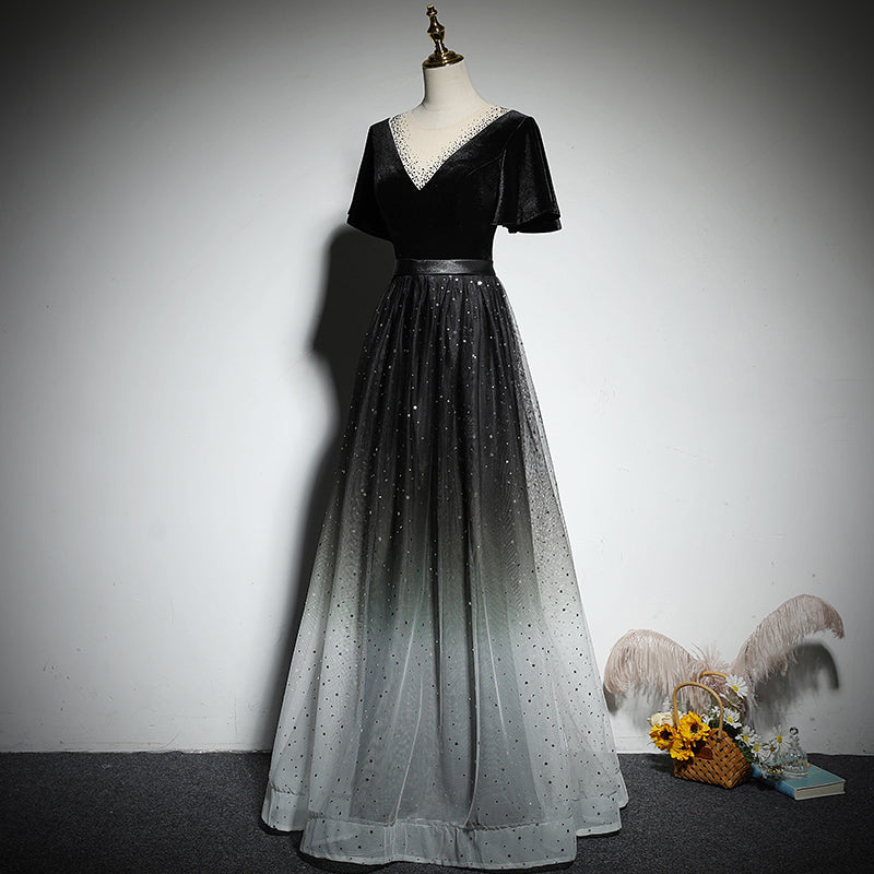 Black Gradient tulle and Velvet Short Sleeves V-neckline Tulle Party Dress