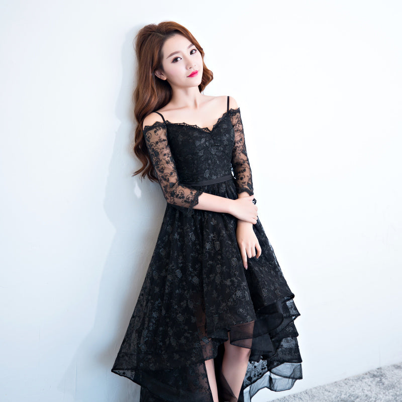Black Lace V-neckline Straps High Low Party Dress Homecoming Dress