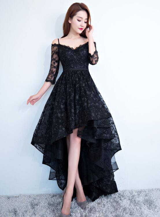 Black Lace V-neckline Straps High Low Party Dress Homecoming Dress