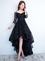 Black Lace V-neckline Straps High Low Party Dress Homecoming Dress