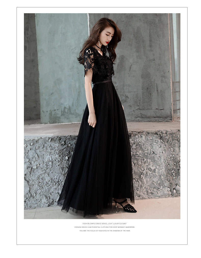Black Lace and Tulle Long A-line Simple Evening Dress