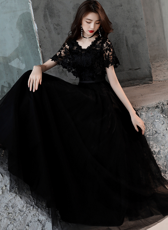 Black Lace and Tulle Long A-line Simple Evening Dress